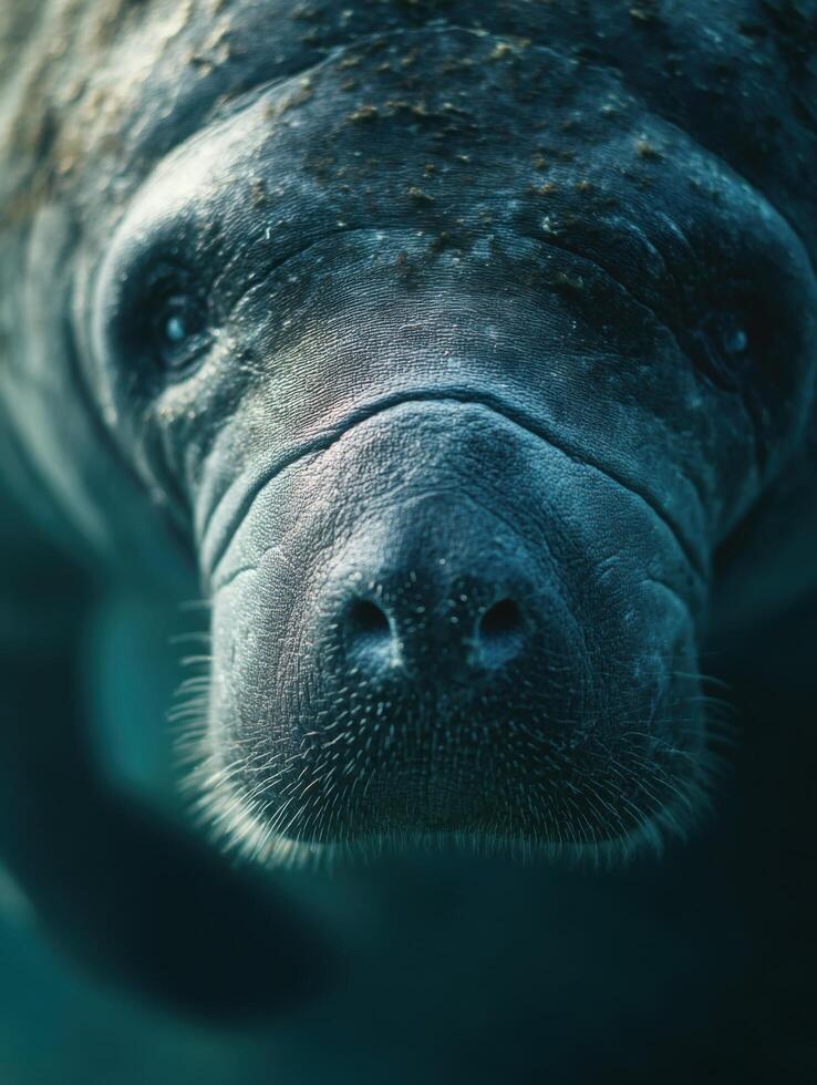 A placid manatee with tender eyes and characteristic wrinkles photo