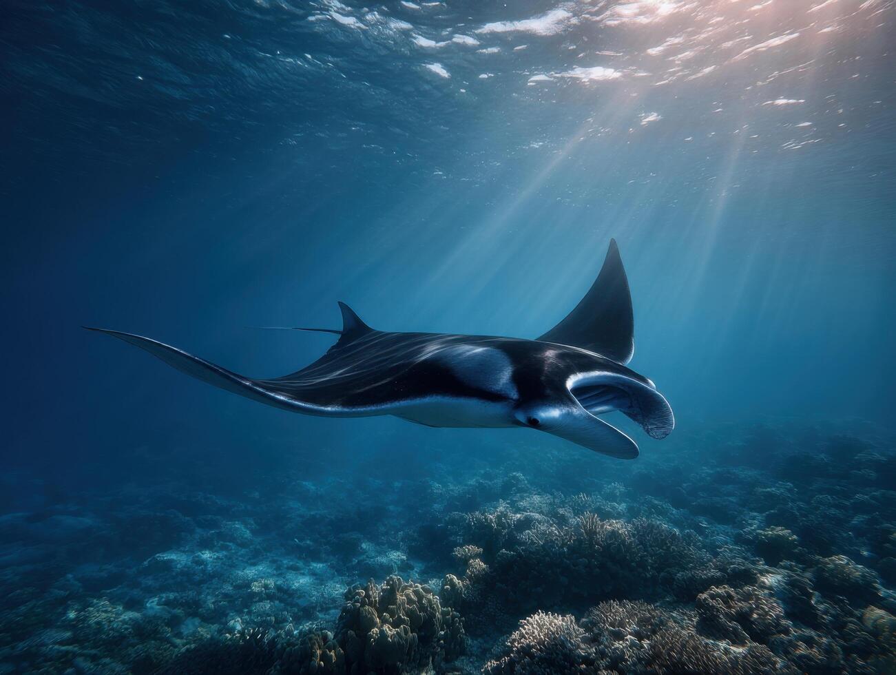 A large manta ray being cleaned by tiny wrasse attendants photo