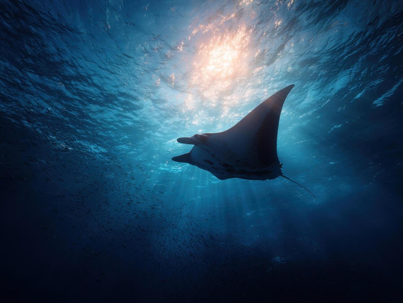 A large manta ray moves majestically in the open blue ocean photo