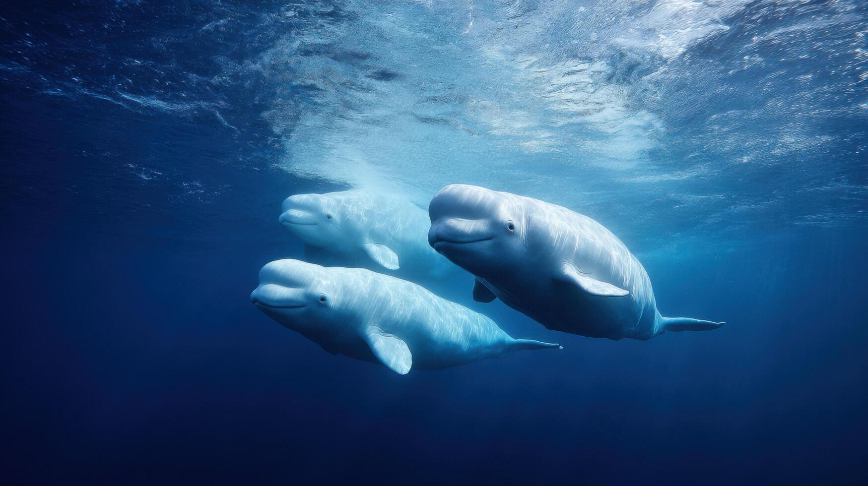 A joyful group of belugas swims in the frigid arctic waters photo