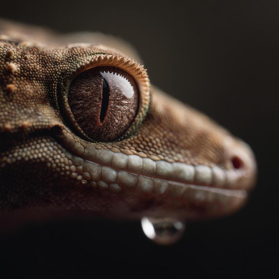 A single drop of water on the bumpy detailed skin of a gecko photo