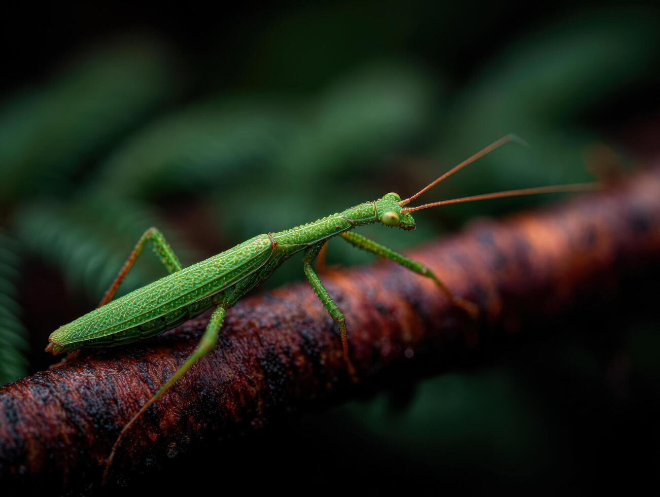 A slender stick insect mimics plant life with perfect green disguise photo