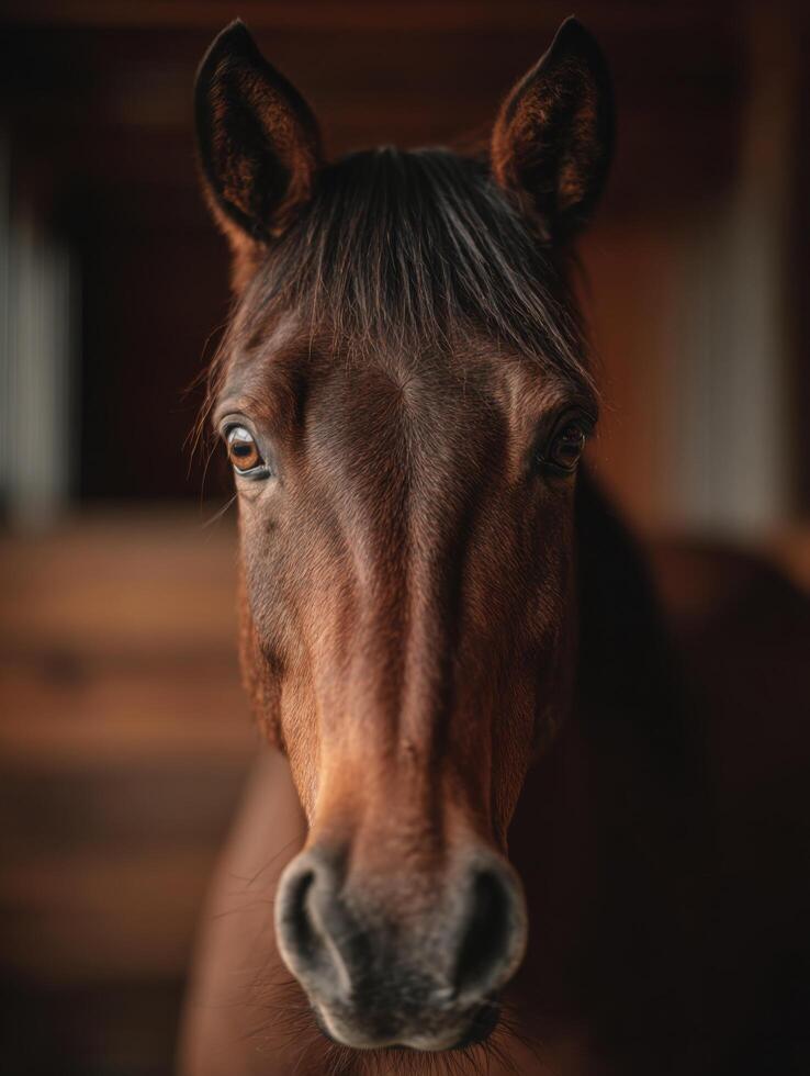 A soulful dark coated horse gazes from its quiet stable photo