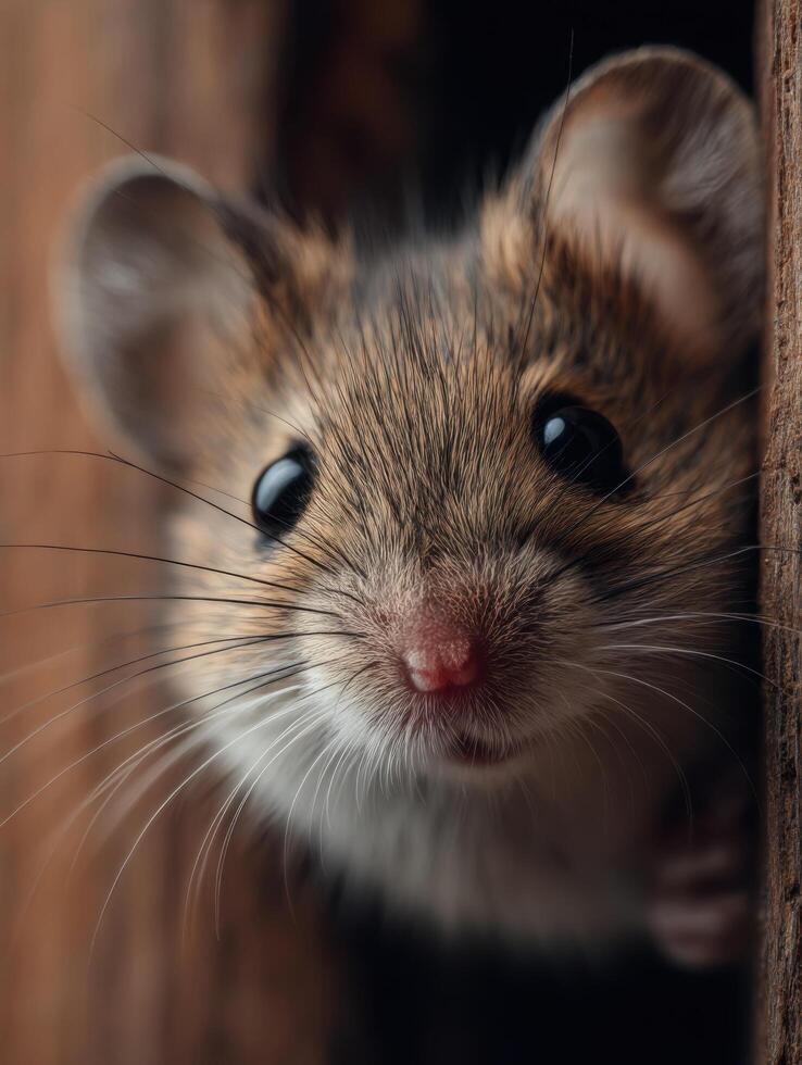 A reserved fancy mouse carefully peers from a very small crack photo