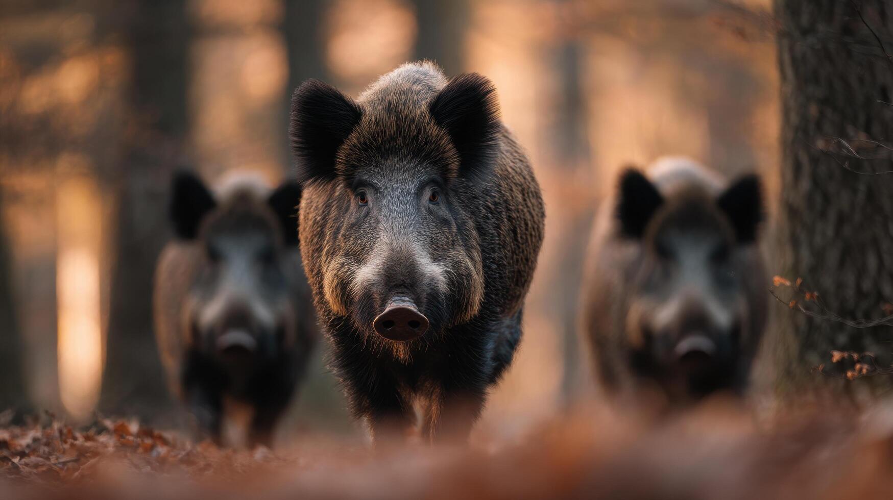A sow and piglets forage for acorns among forest trees photo