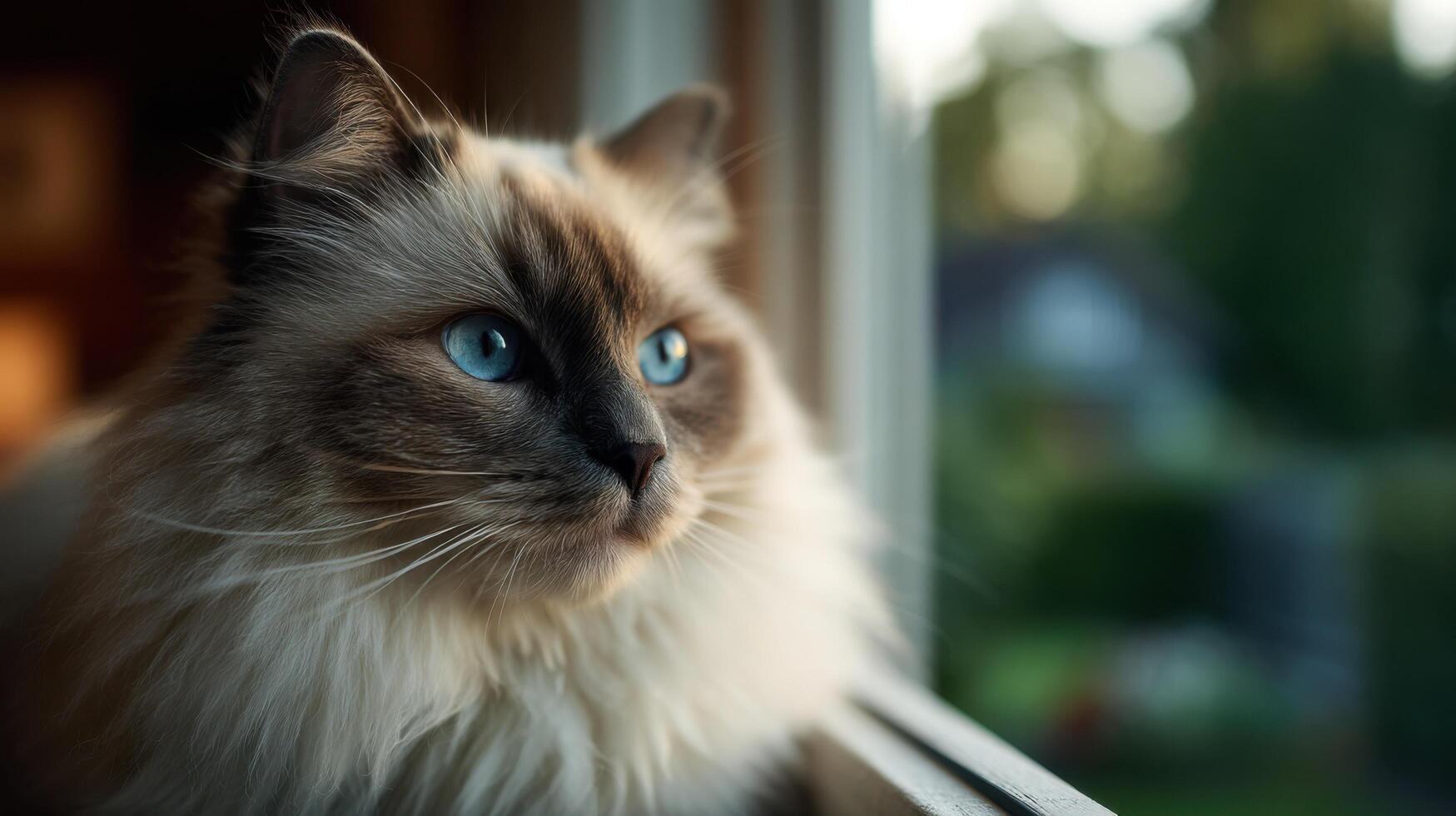 A stunning longhair ragdoll cat relaxes elegantly on window ledge photo