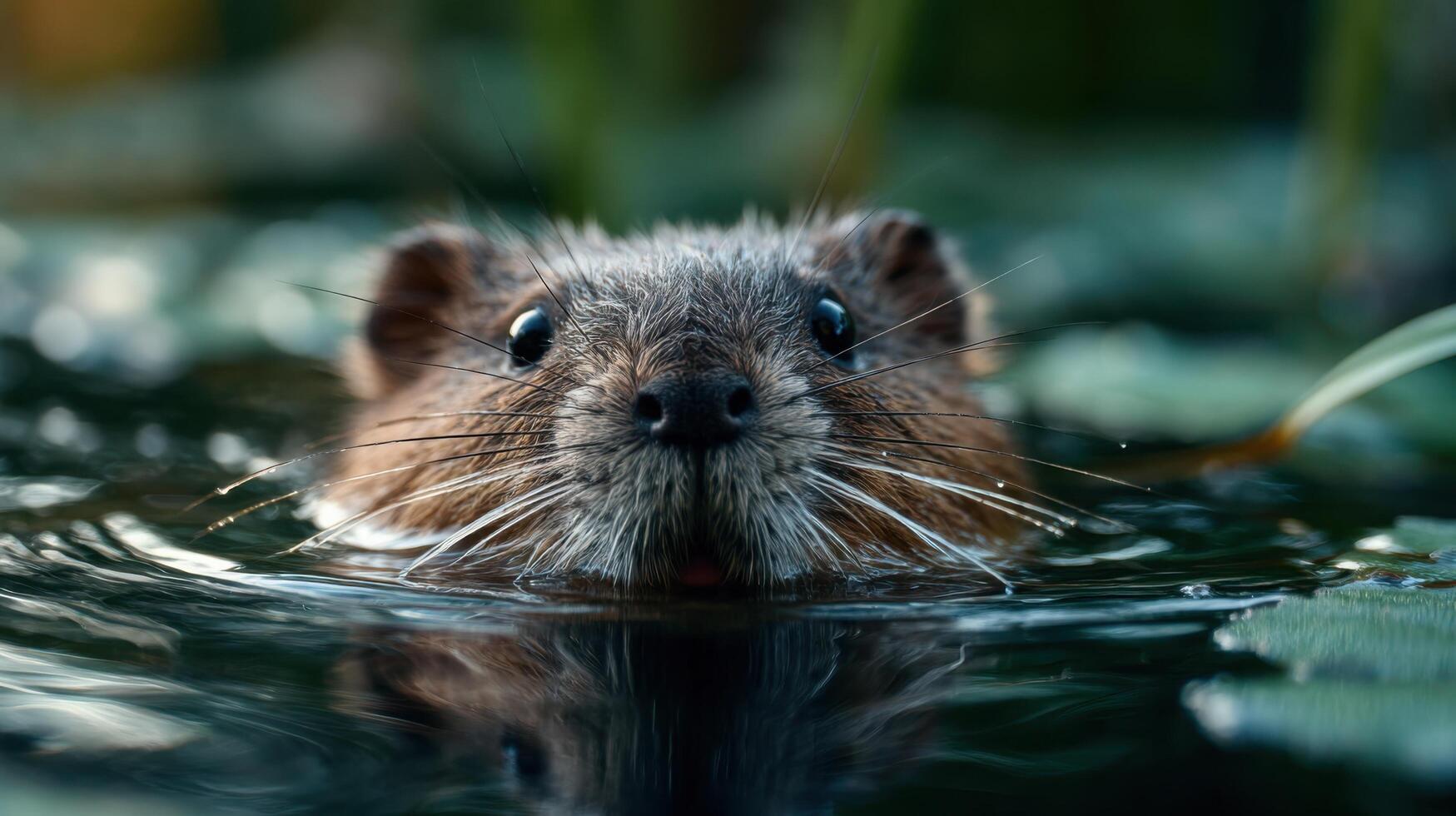 A semi aquatic rodent muskrat explores a calm pond with interest photo