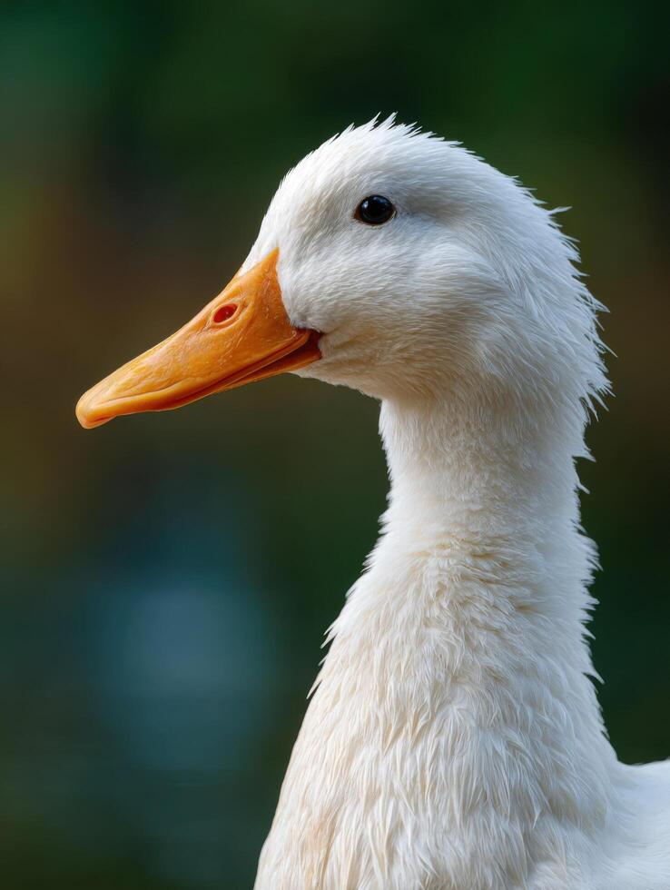 A serene white water bird with a striking orange beak looks on photo