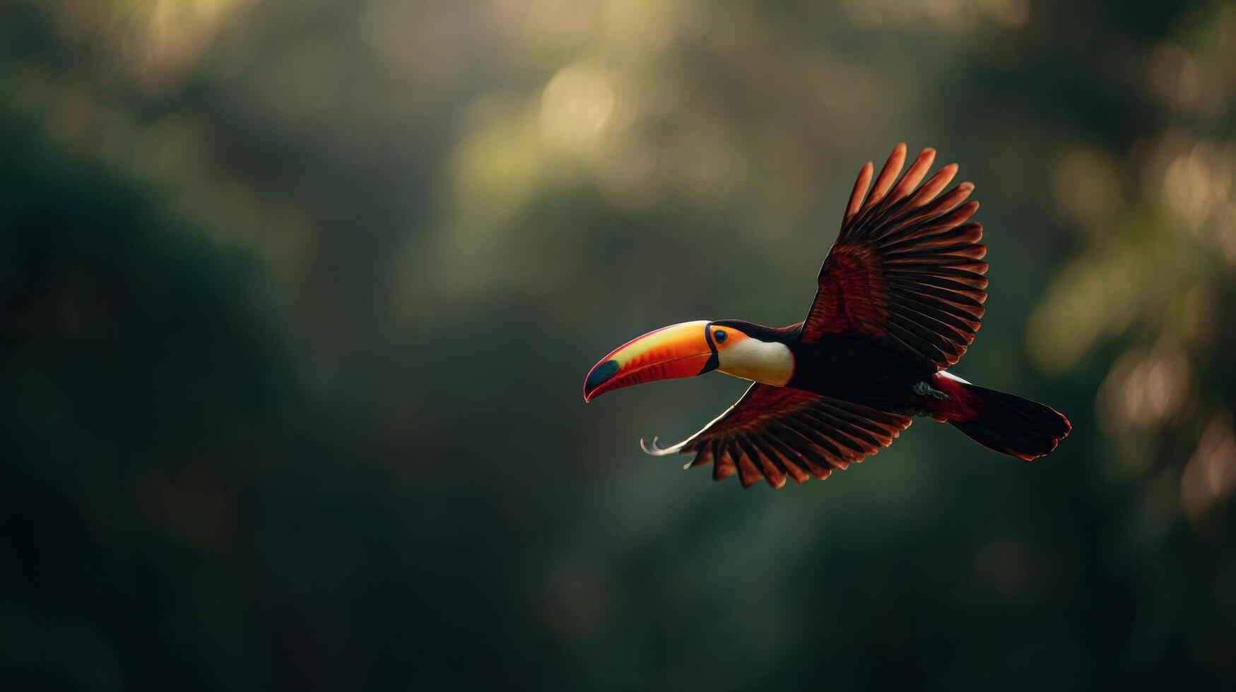 A stunning toucan in dynamic flight across verdant jungle foliage photo