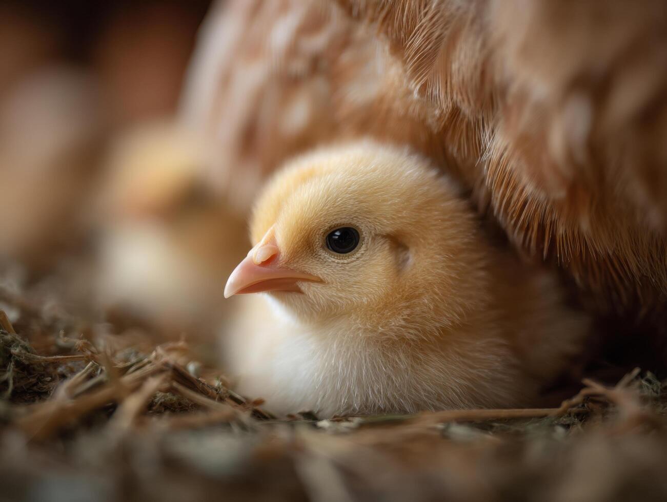 A sweet little chick takes a glimpse from its mother hen shelter photo