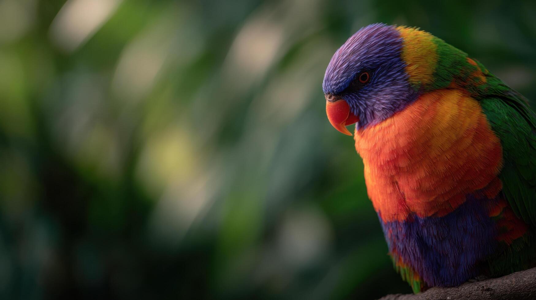 A stunning rainbow lorikeet cleans its plumage in vibrant backyard flora photo