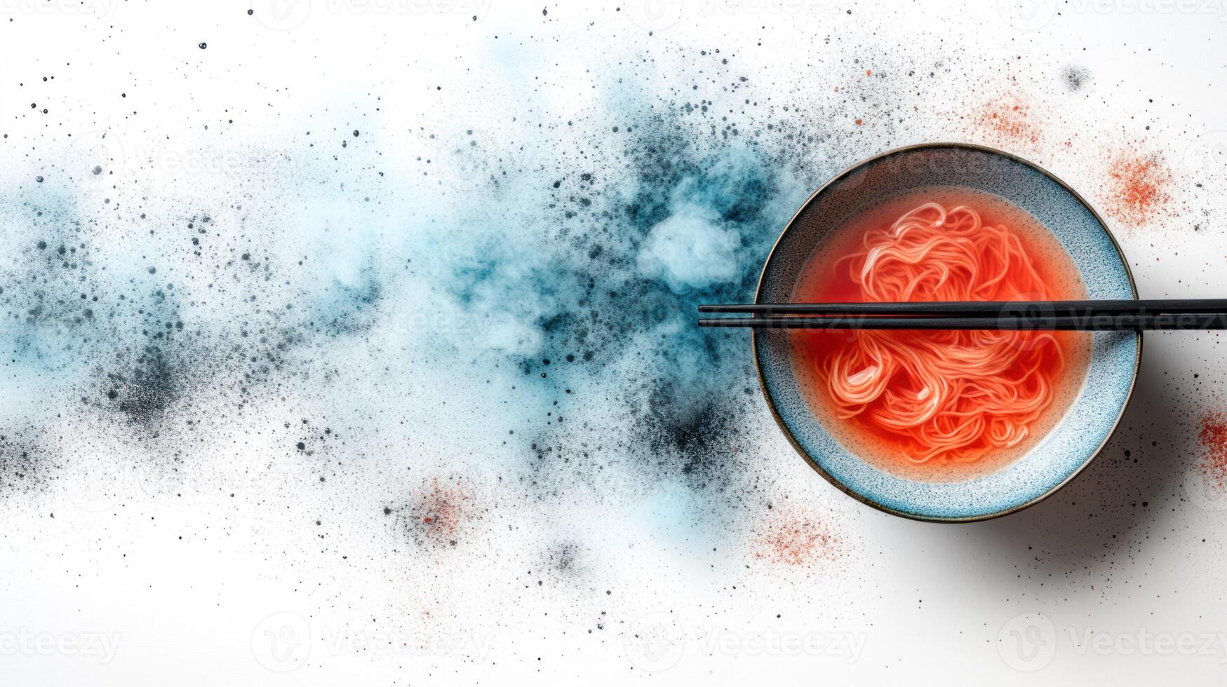Vibrant noodles in a bowl, with steam and colorful powder photo