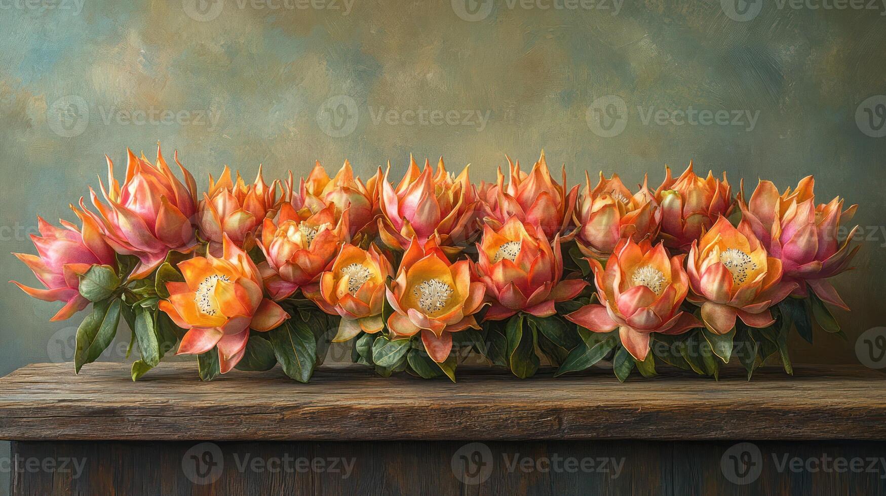 Vibrant floral arrangement on rustic wood photo