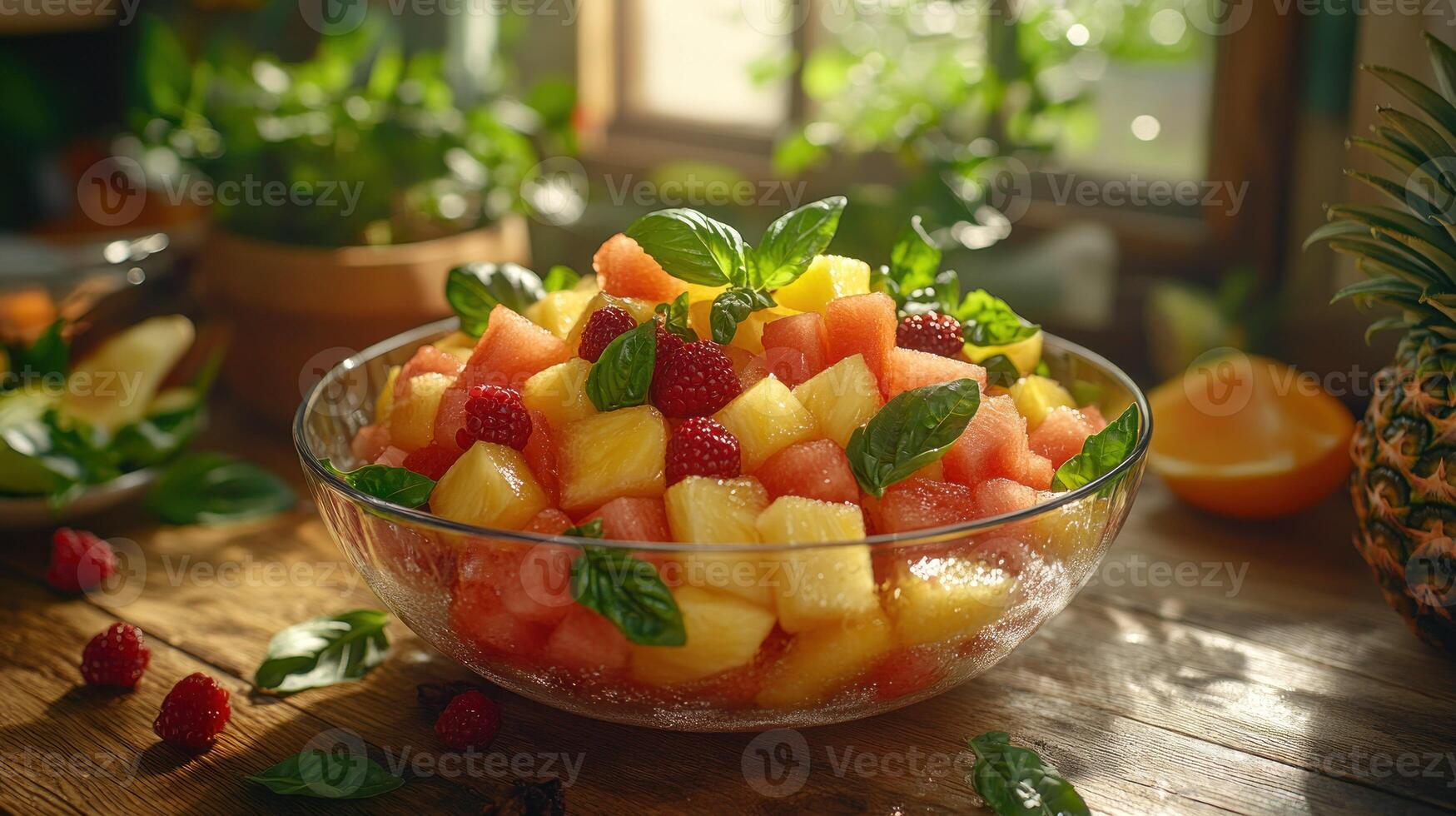 Vibrant fruit salad in glass bowl photo