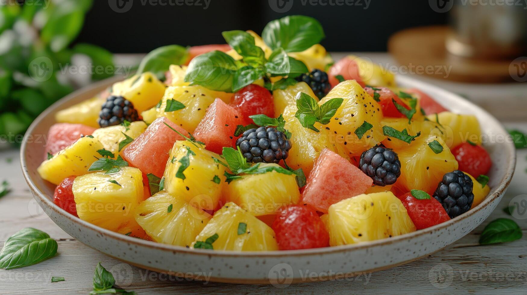Vibrant fruit salad with pineapple, watermelon, raspberries, and blackberries photo