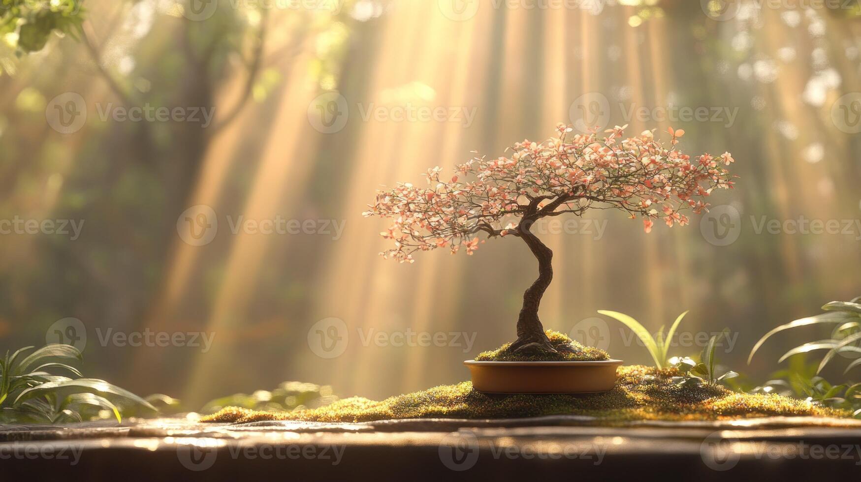 Zen bonsai in sunlit forest photo