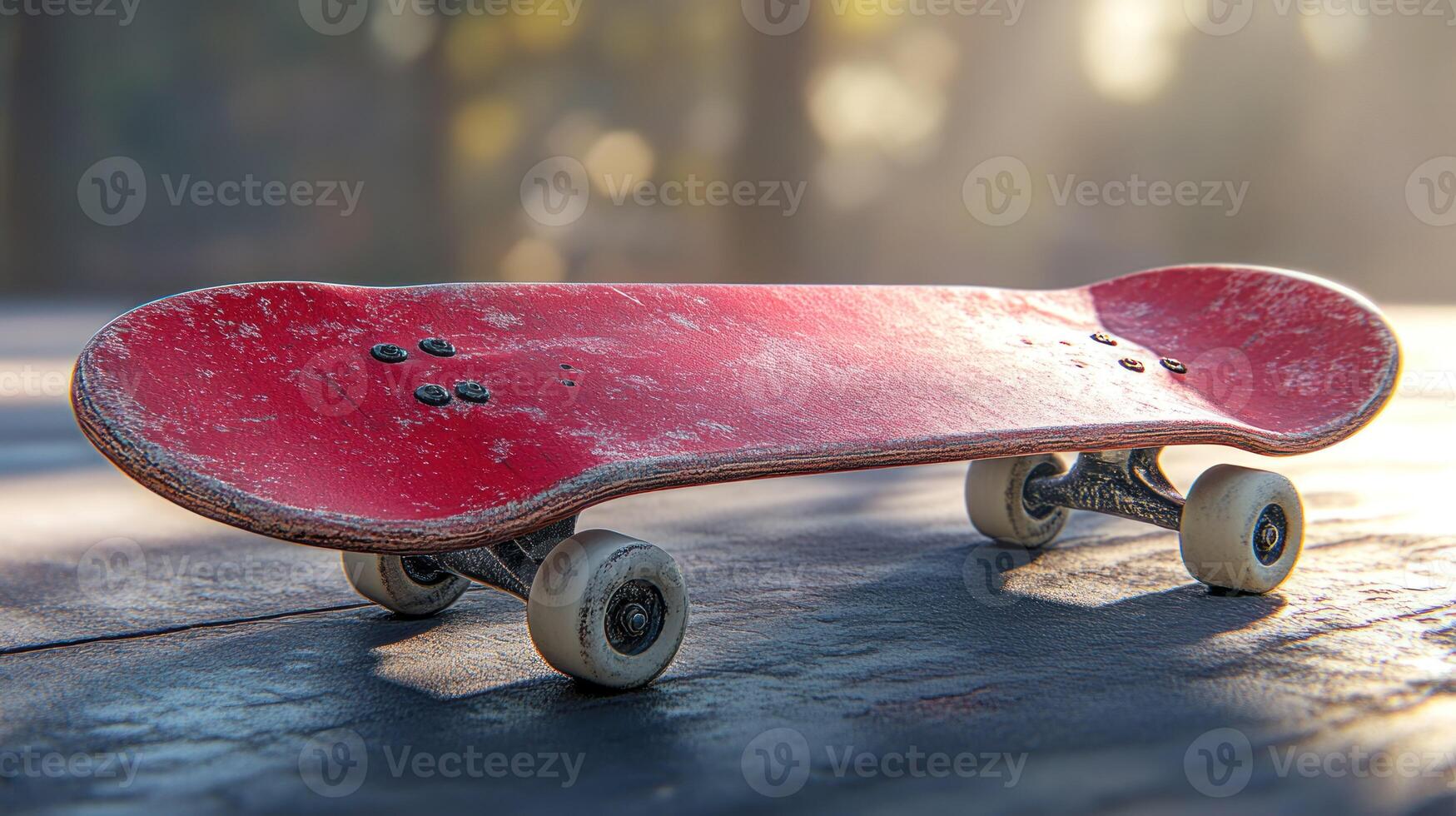 Worn red skateboard resting on a surface photo