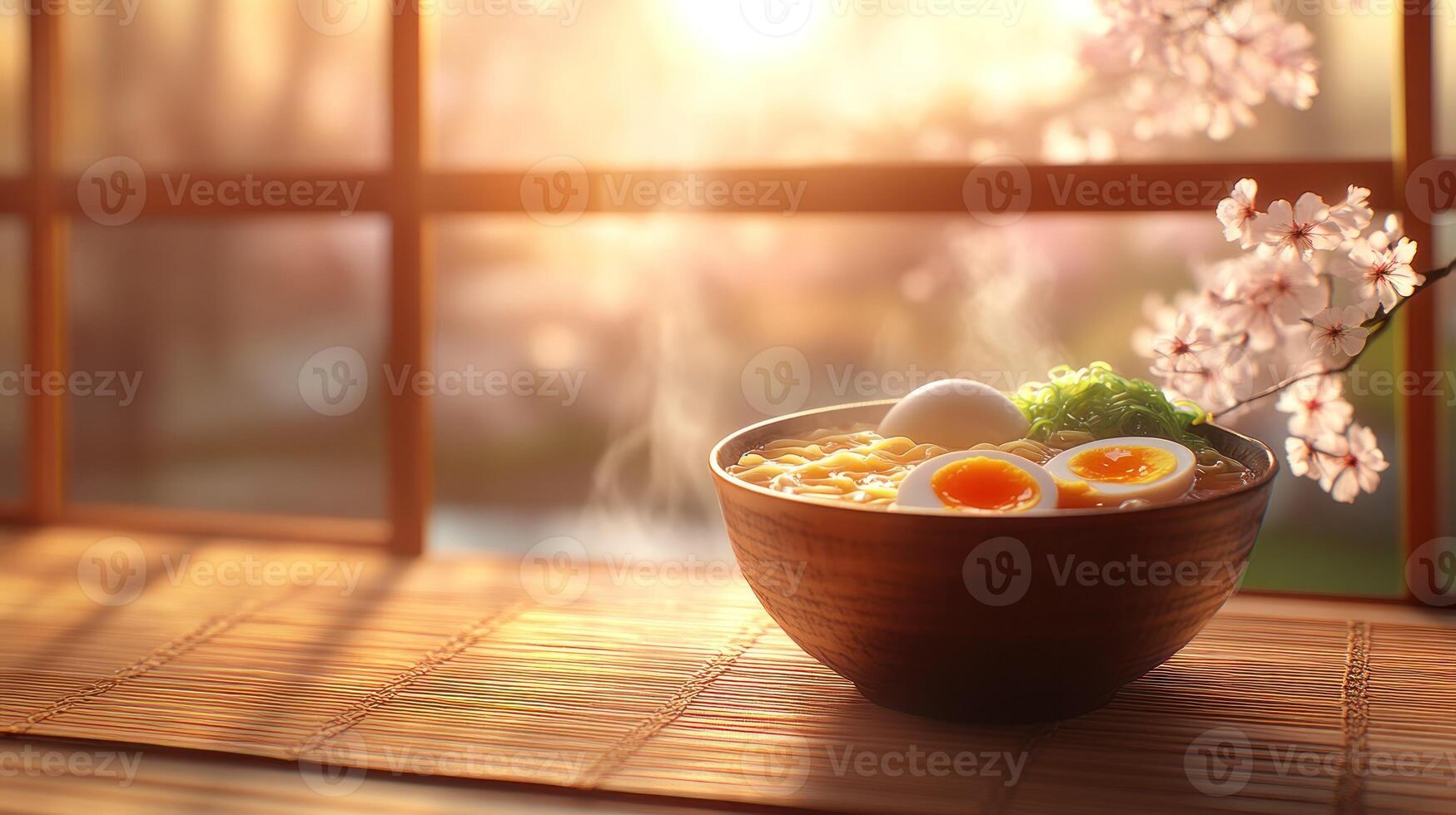 Warm ramen in a wooden bowl, sunlight through a window, cherry blossoms photo