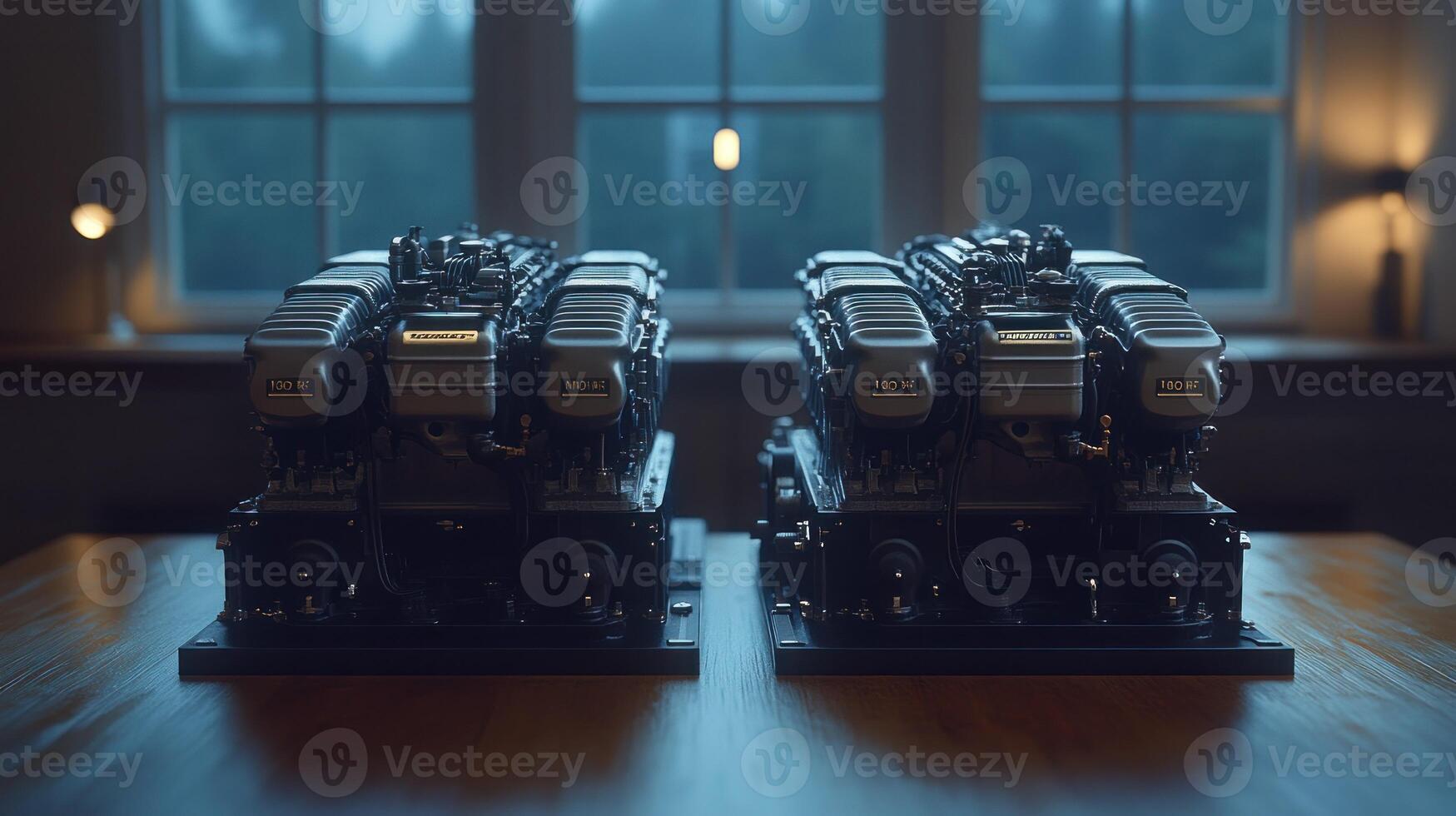 Two powerful engines displayed on a wooden table photo