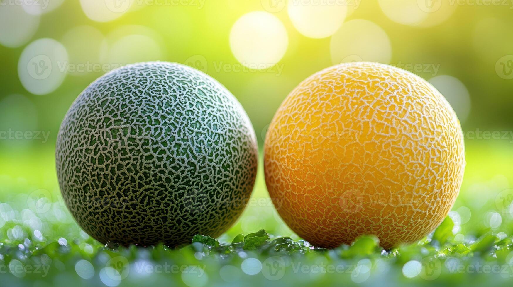 Two cantaloupes, one green and one yellow, sit on a grassy surface photo
