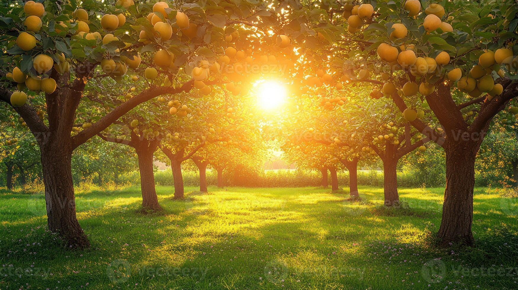 Sunlit orchard rows photo