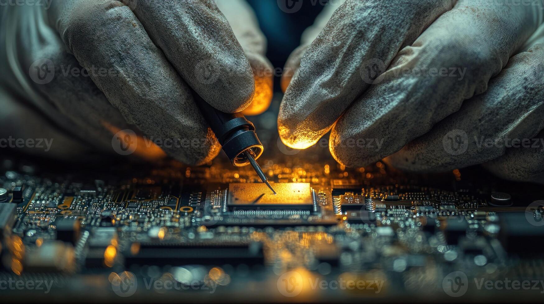 Technician soldering a circuit board photo