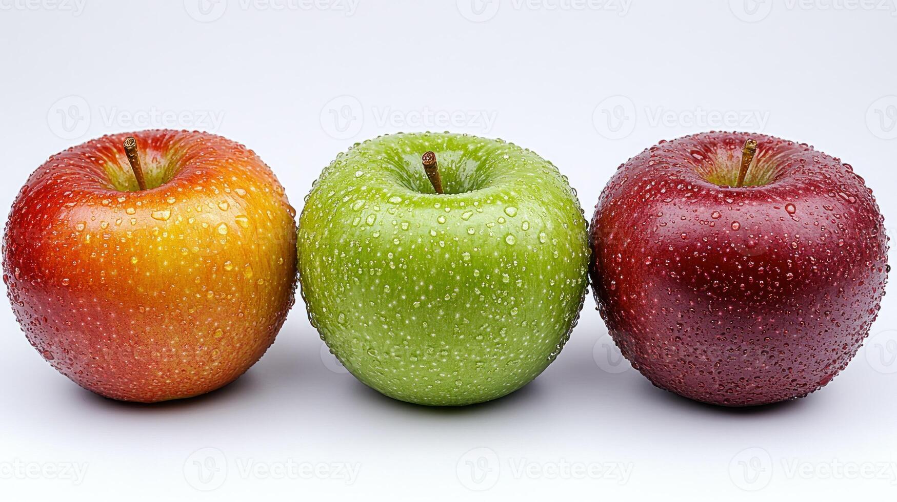 Three apples, red, green, and yellow-red, in a row photo