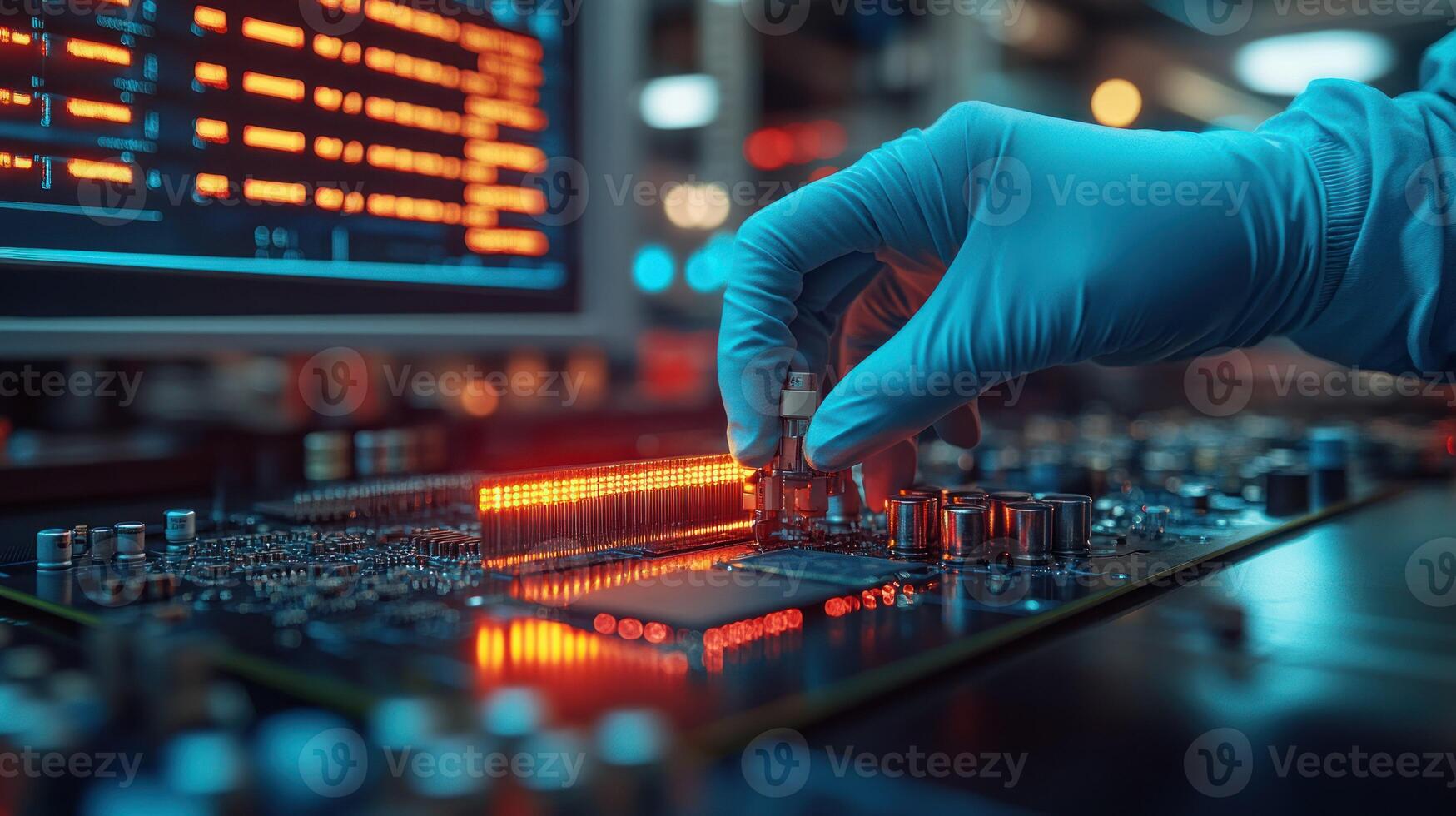 Technician installs component on circuit board photo