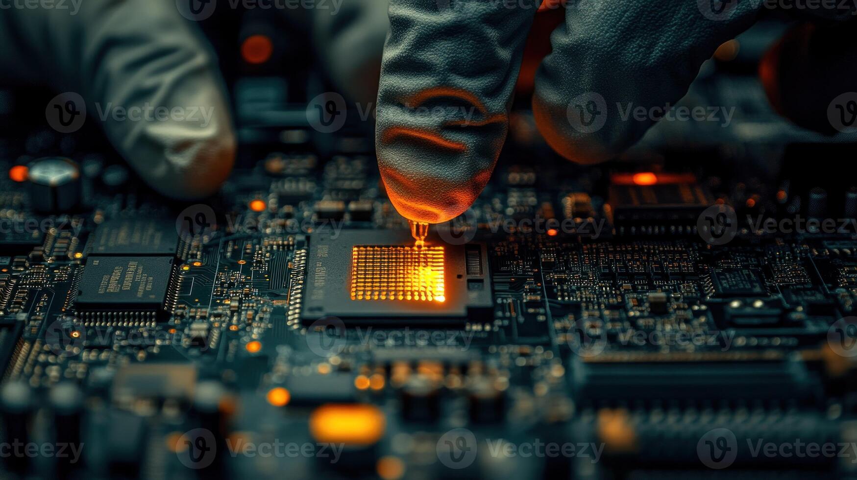 Technician installs CPU on circuit board photo