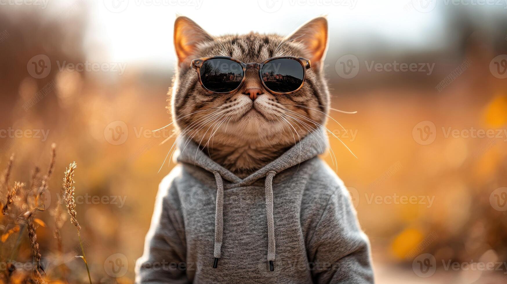 Stylish cat wearing sunglasses and hoodie photo