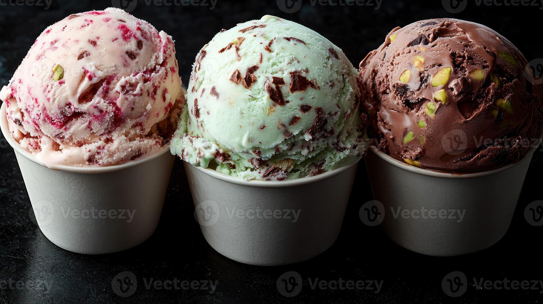 Three scoops of artisanal ice cream in small cups photo