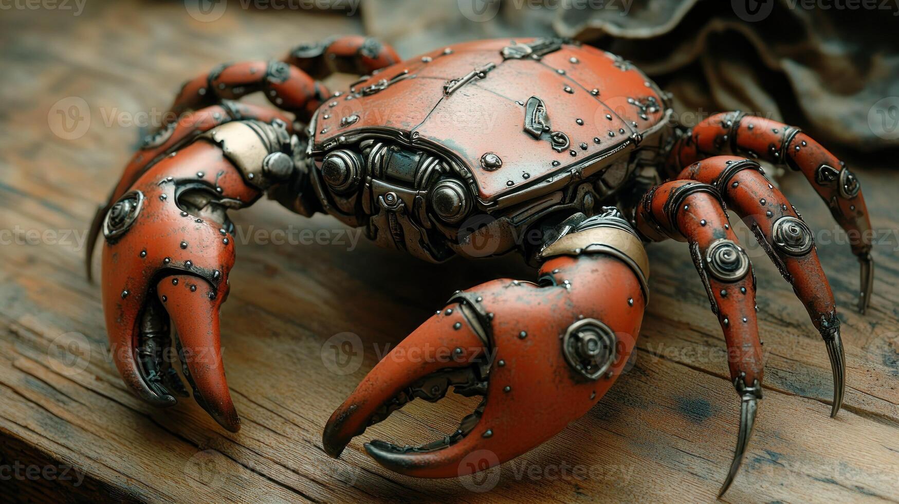 Steampunk crab sculpture on a wooden surface photo