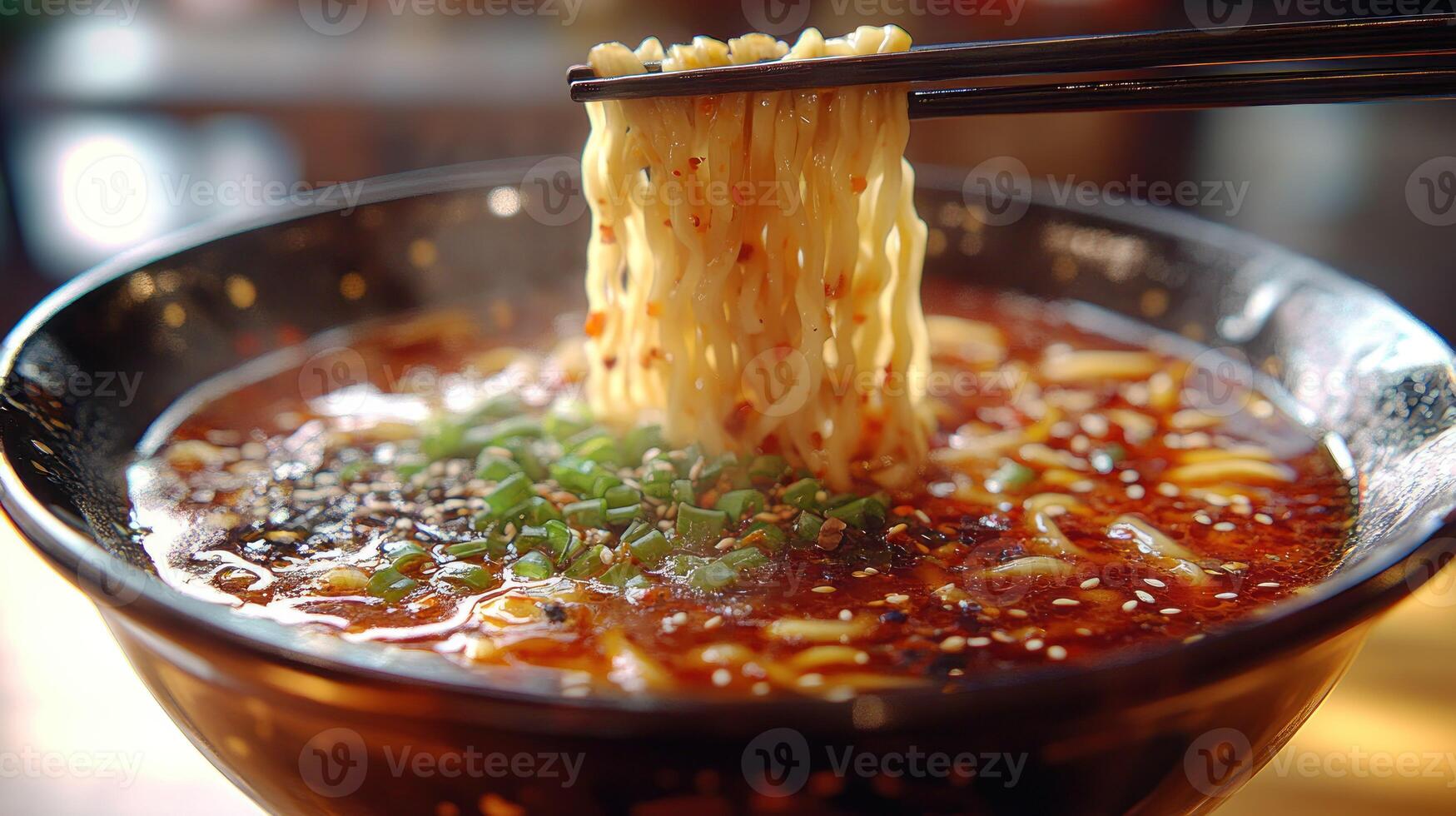 Spicy noodle soup with chopsticks photo