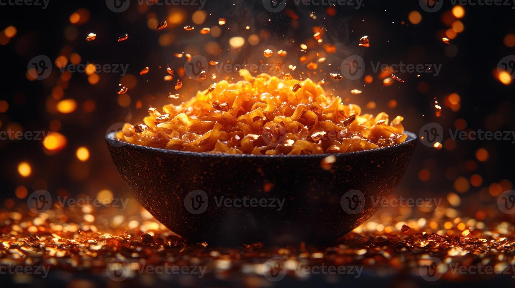 Spicy noodles in a dark bowl photo