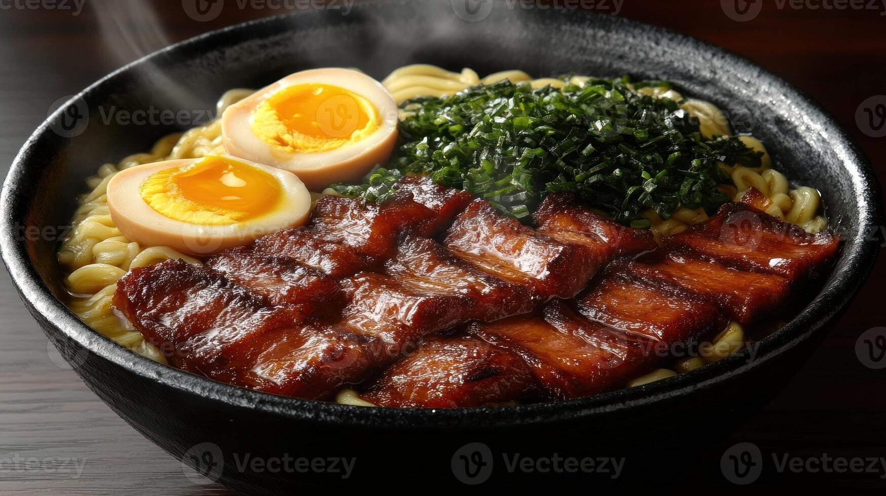 Steaming bowl of rich pork ramen with soft-boiled eggs photo