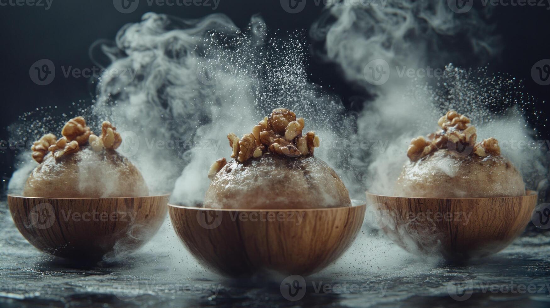 Steam rising from three bowls of warm, nutty desserts photo