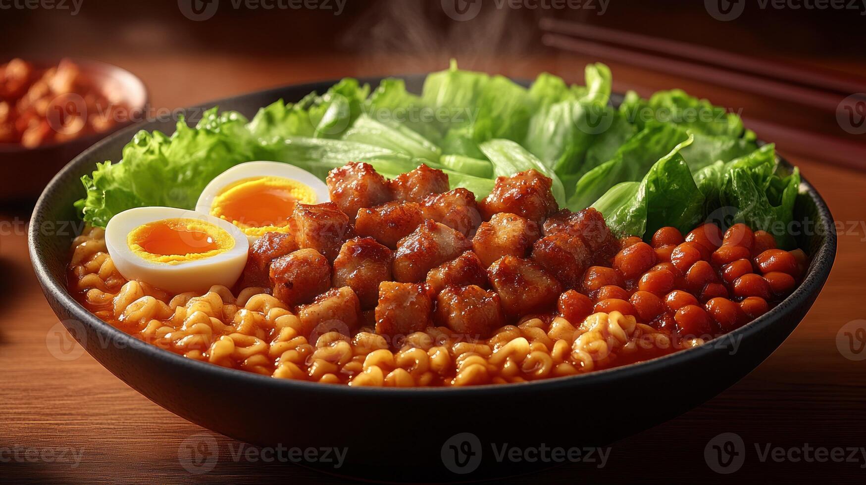 Spicy Ramen with protein, eggs, and chickpeas photo