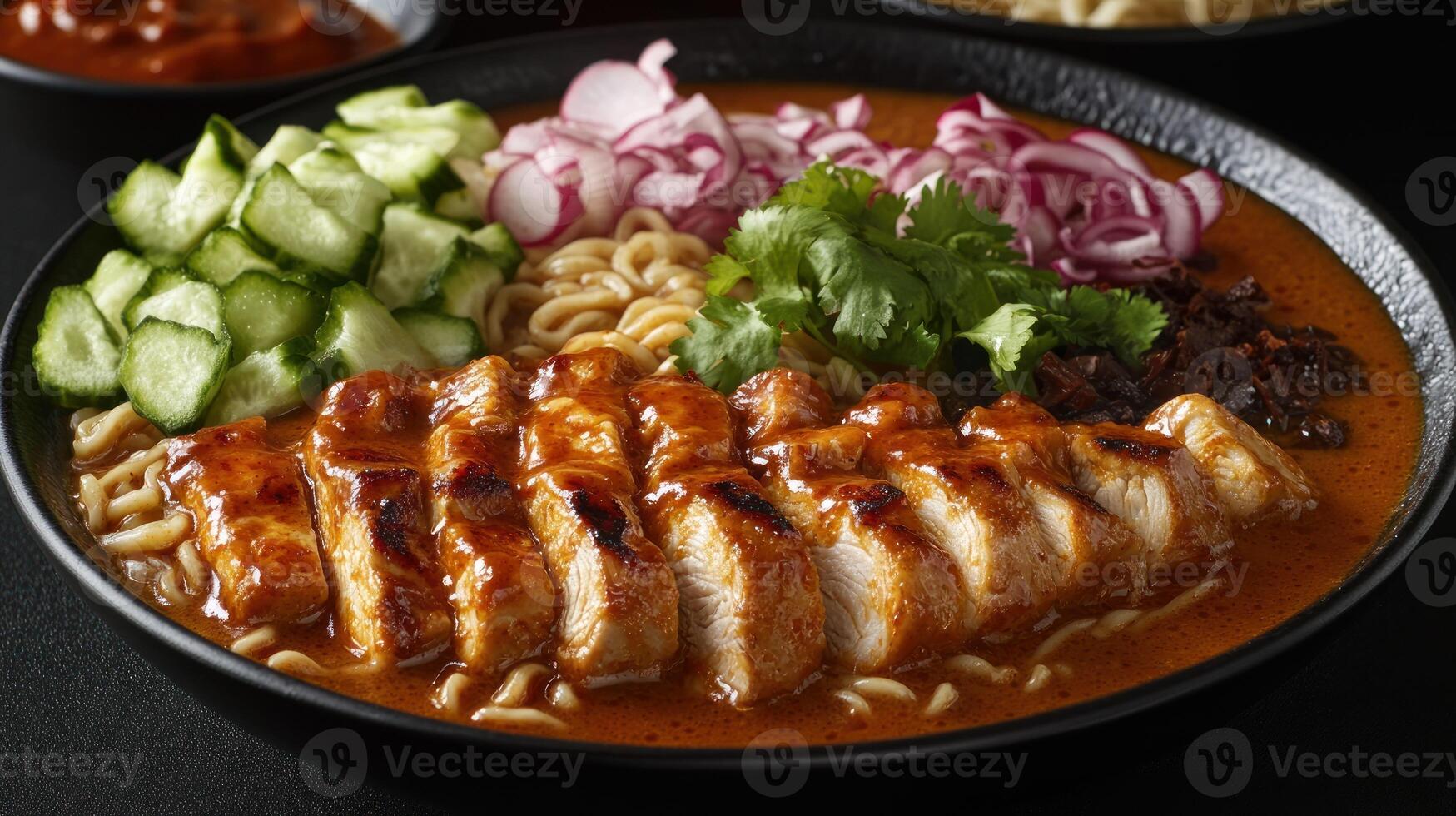 Spicy chicken noodle soup with fresh toppings photo