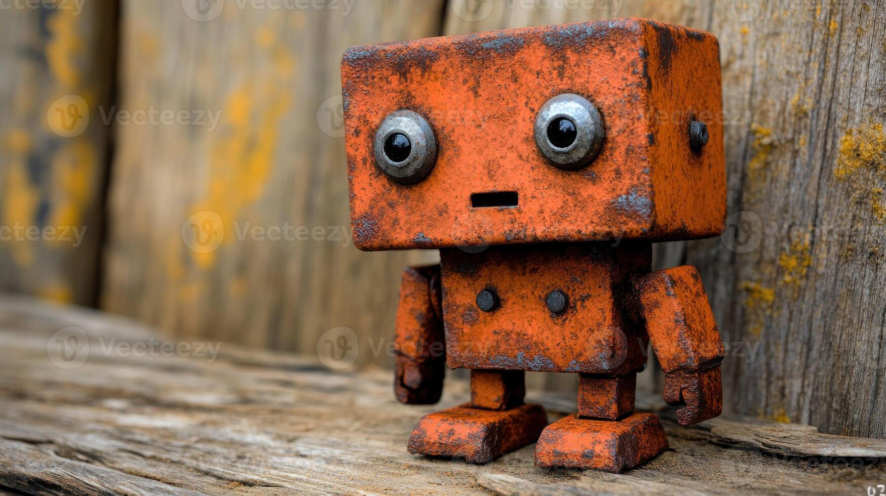 Rusty orange robot toy on weathered wood photo