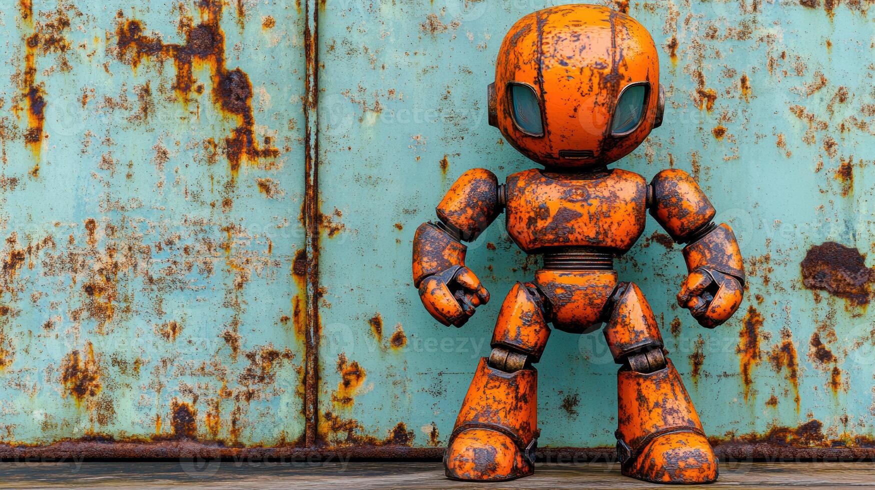Rusty orange robot figurine against weathered metal photo