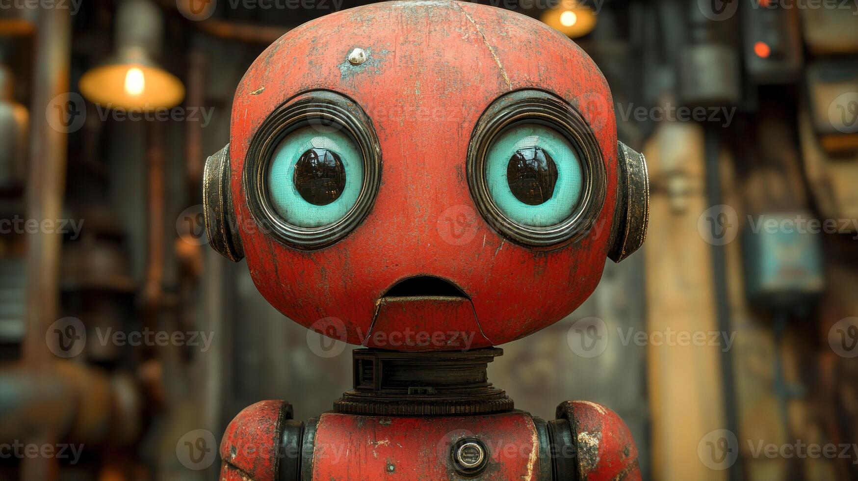Rusty red robot with large eyes, close-up photo