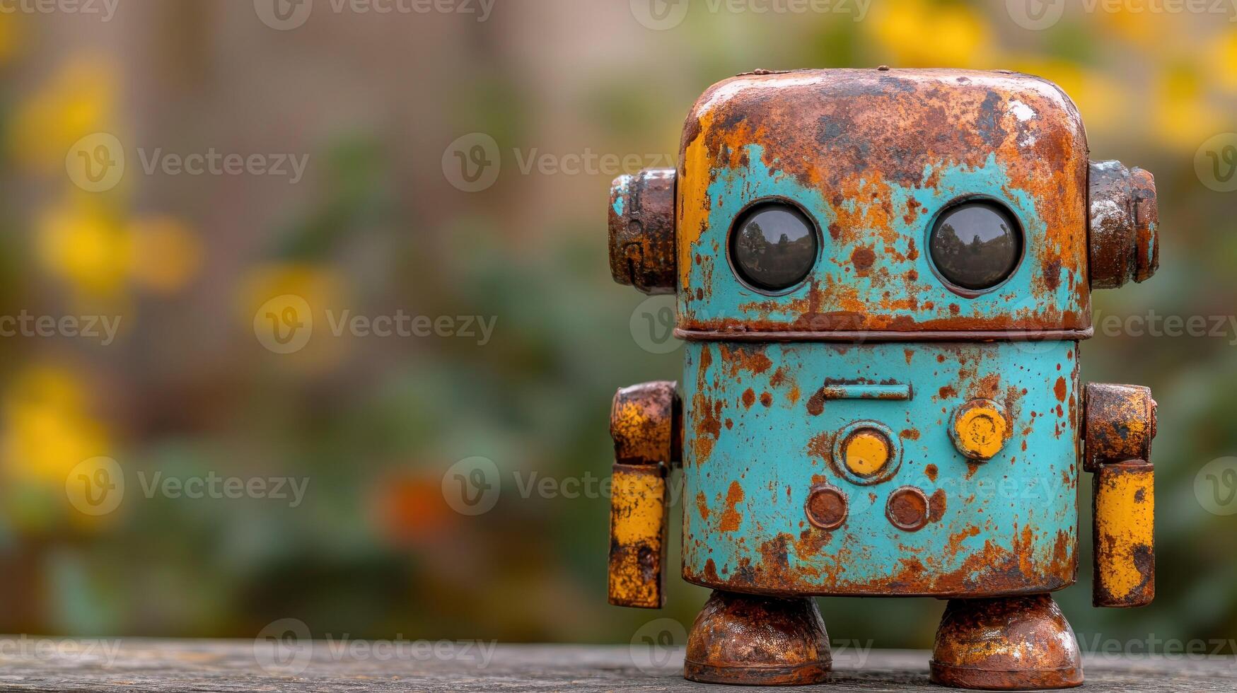 Rusty robot figurine in garden setting photo