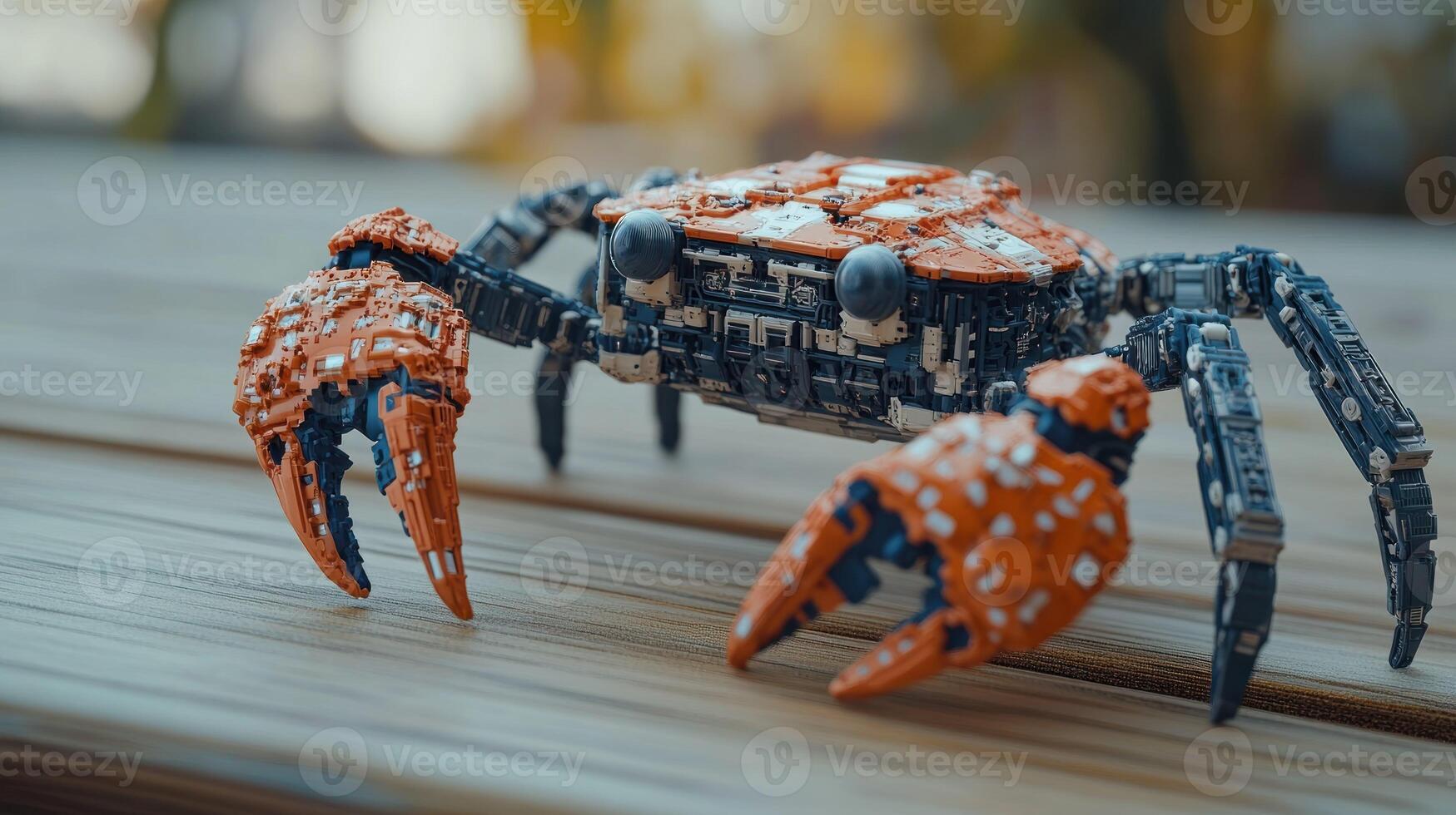 Robotic crab figurine on a wooden surface photo