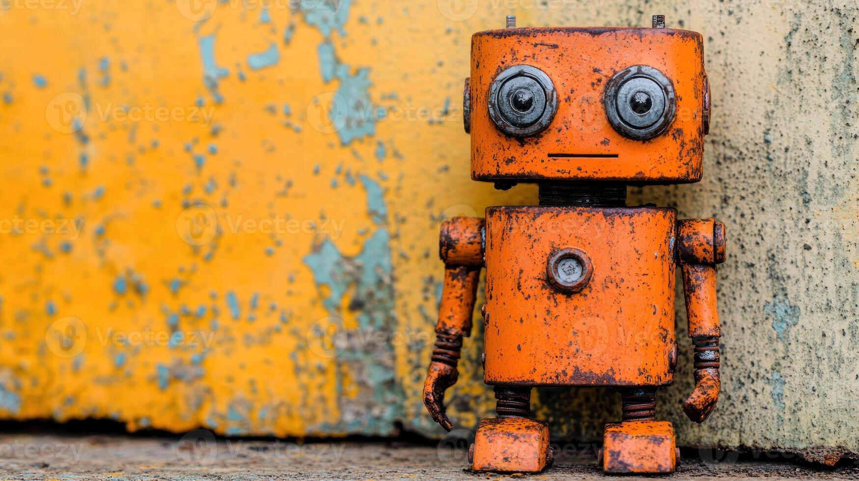 Rusty orange robot figurine against a weathered wall photo