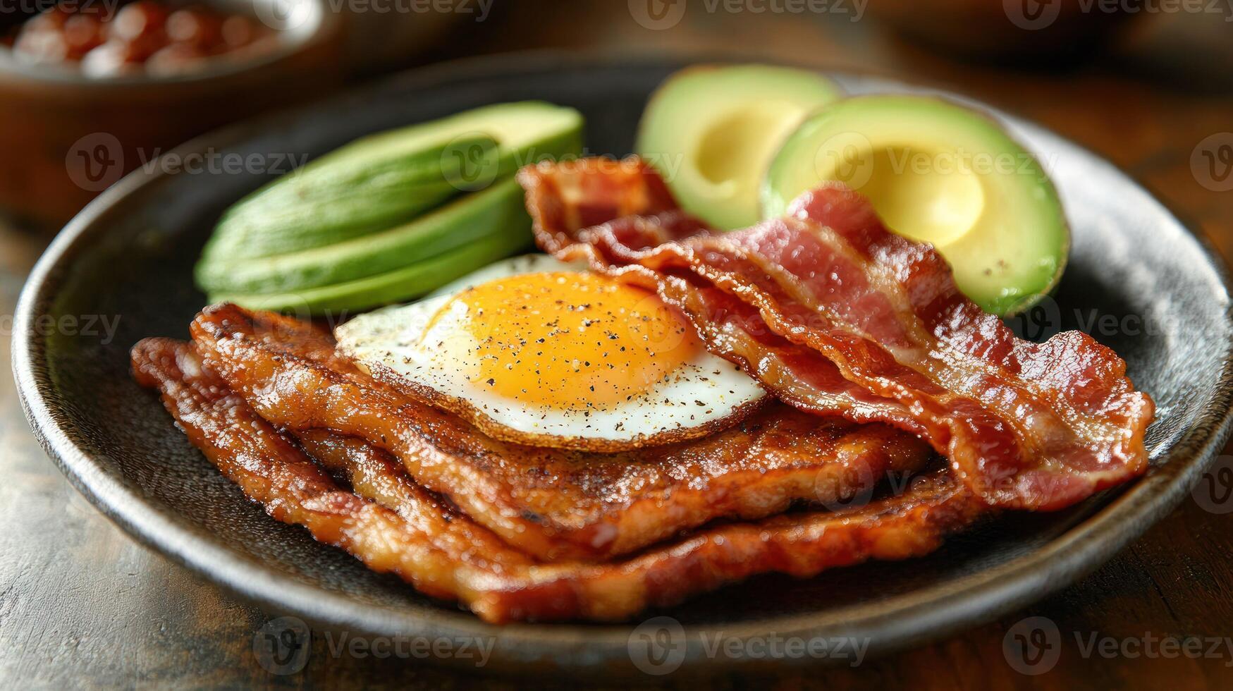 Savory breakfast plate with bacon, fried egg, and avocado slices photo