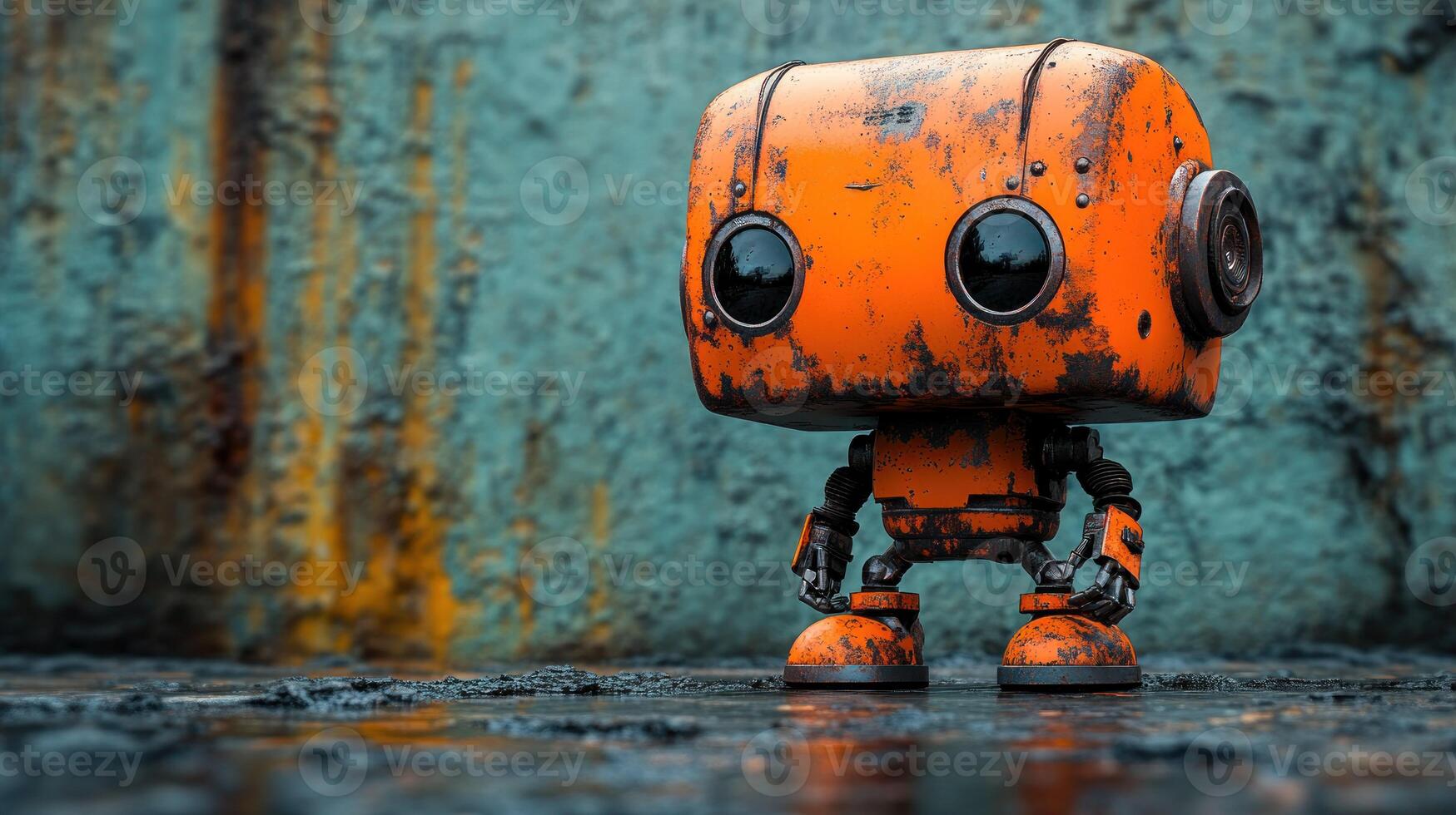 Rusty orange robot, standing, futuristic, small, detailed photo