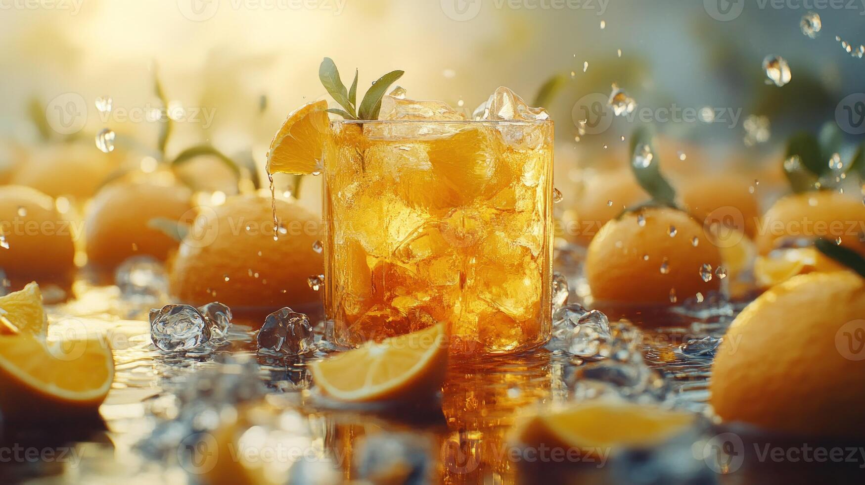 Refreshing iced tea drink with oranges photo