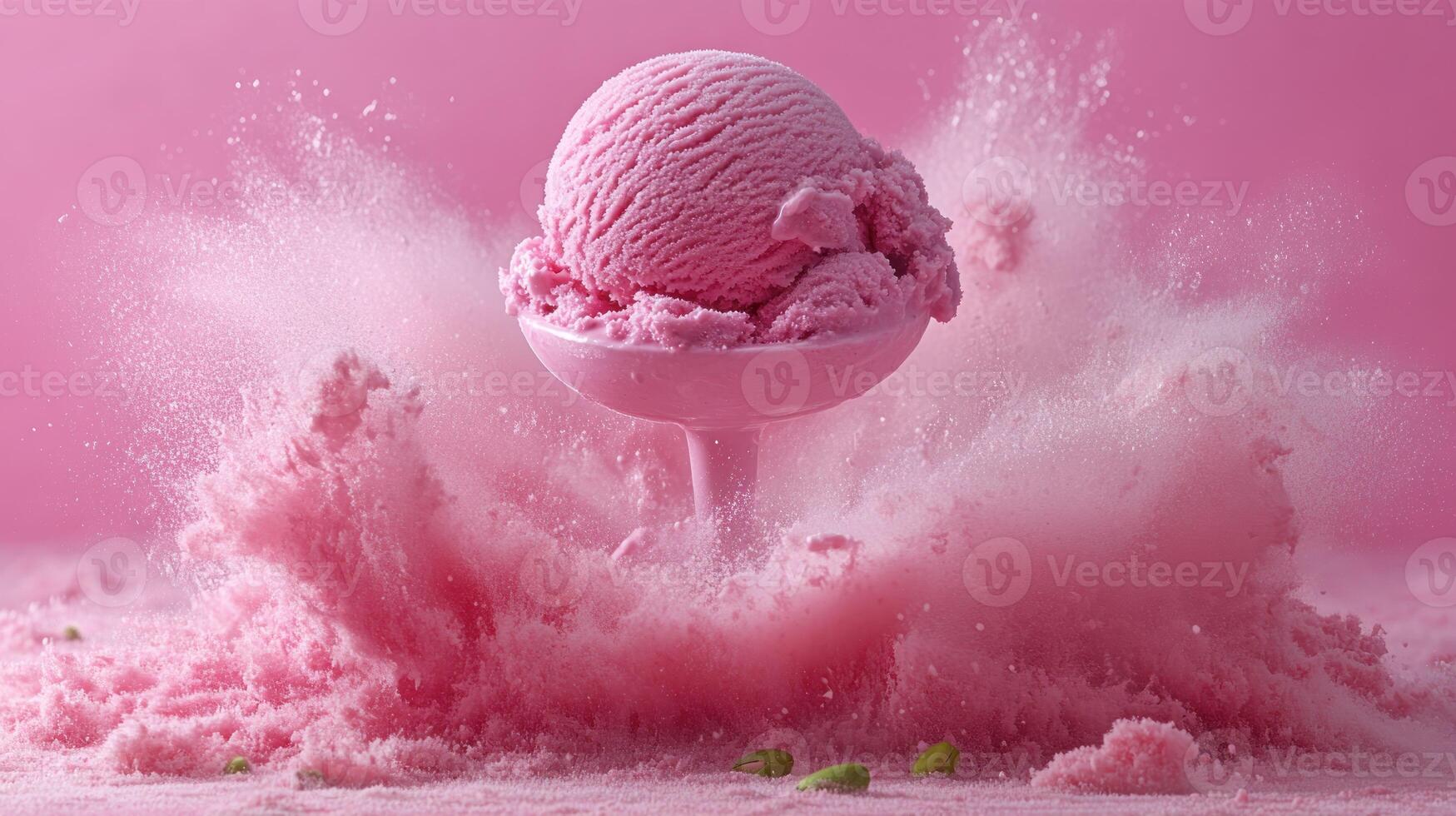 Pink ice cream scoop exploding in a cloud of powder photo