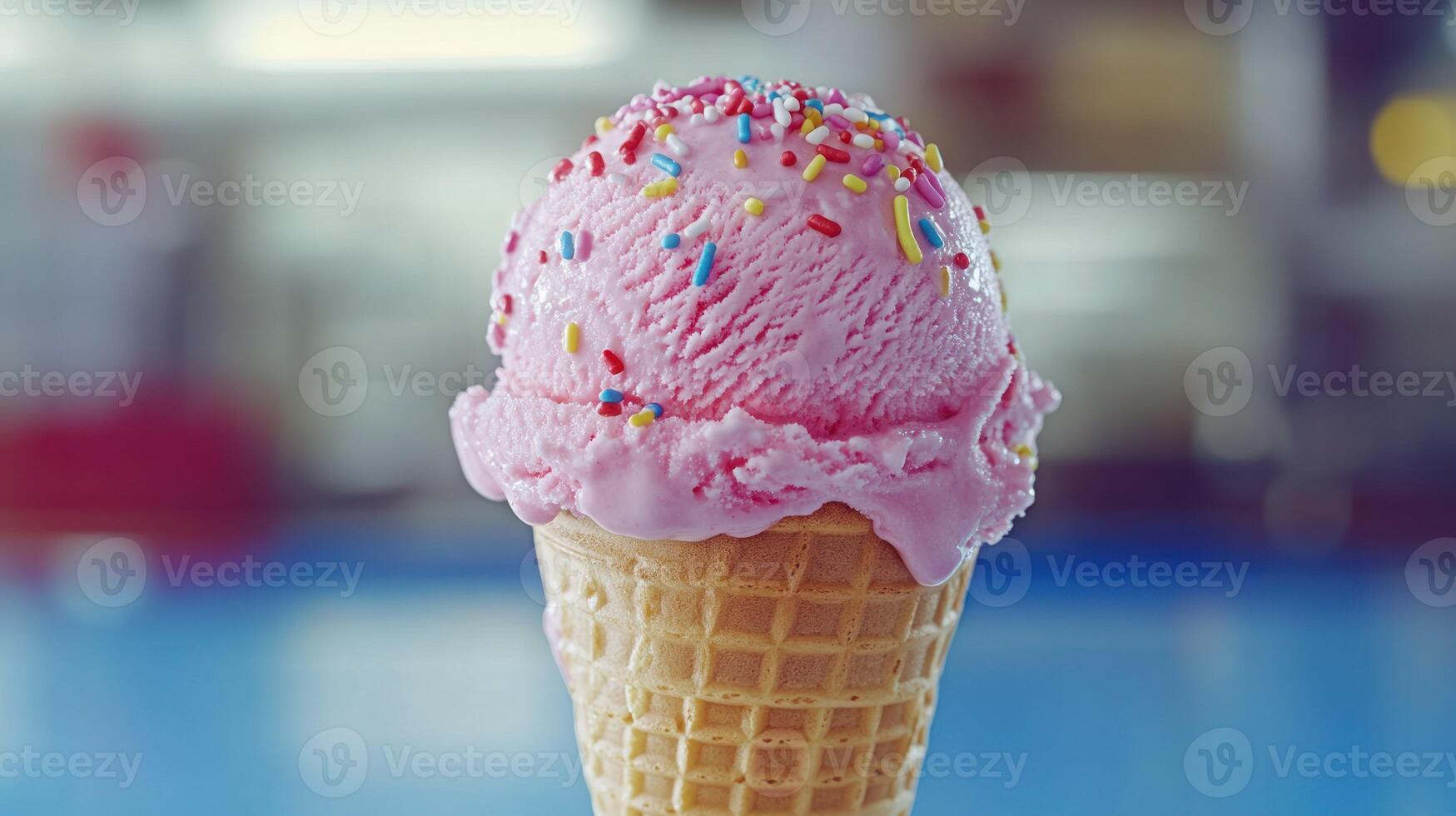 Pink ice cream sundae in waffle cone photo