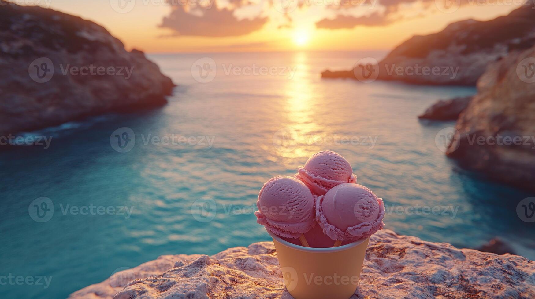 Pink ice cream scoops at sunset over the sea photo
